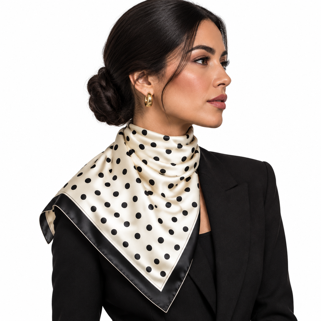 Side view of model wearing the polka dot scarf