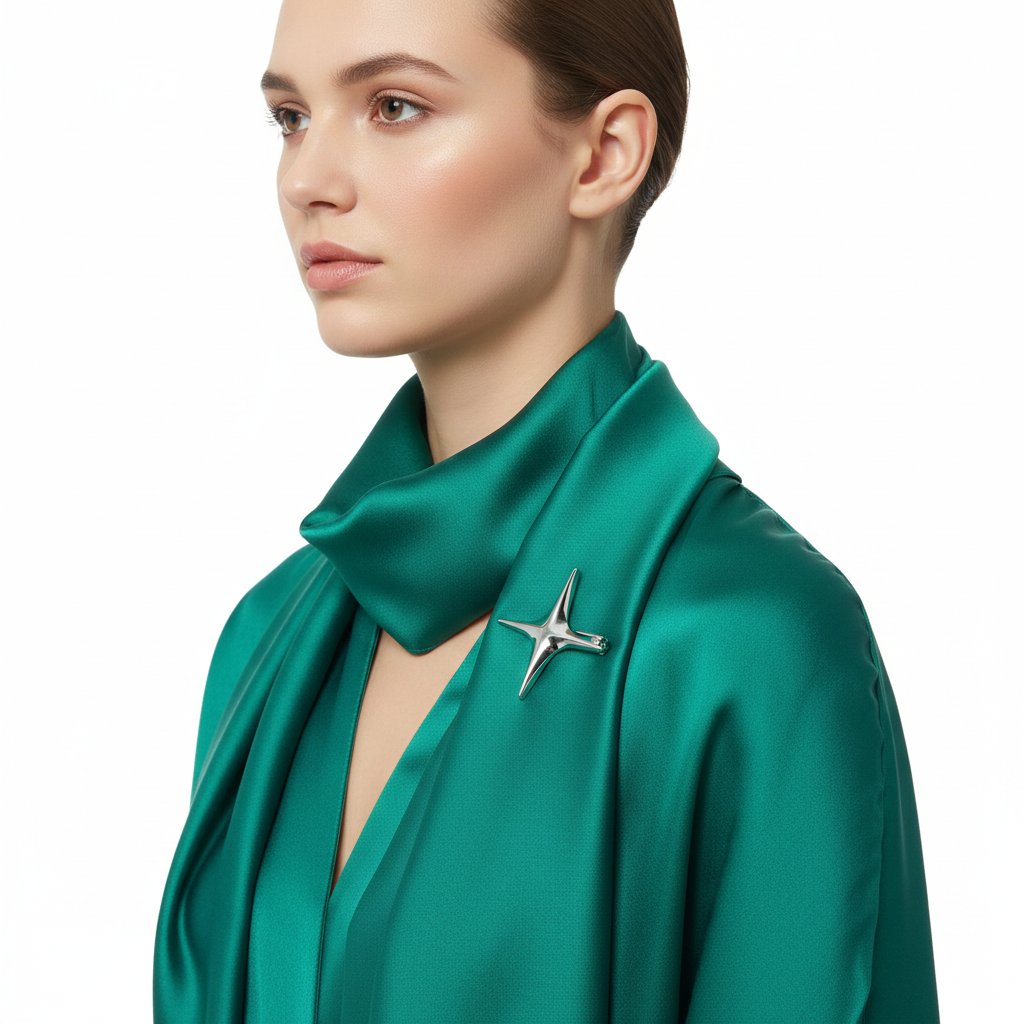 Silver brooch on emerald scarf