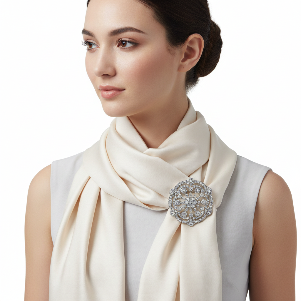 Silver brooch on scarf