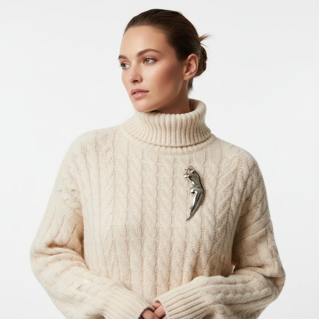 Silver brooch on turtleneck
