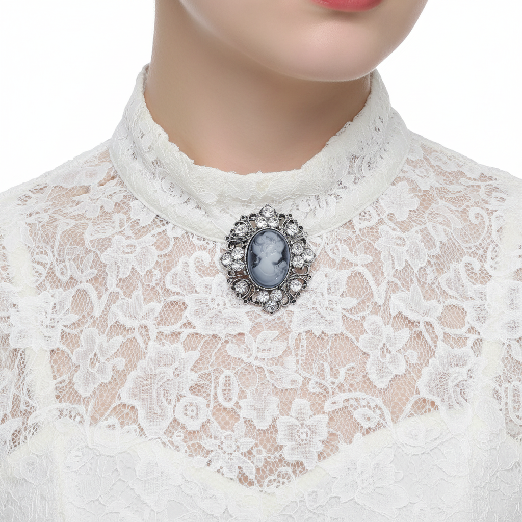 Silver Cameo Brooch on Lace Collar