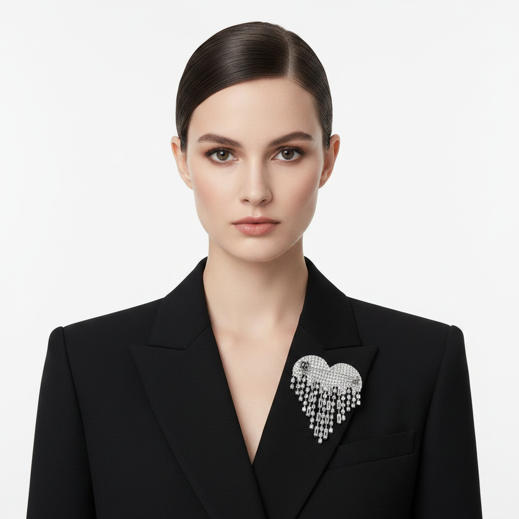 Silver Heart Brooch on Black Blazer Lapel