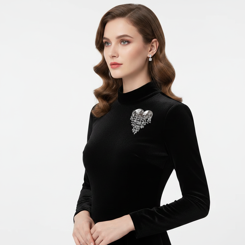Silver Heart Brooch on Black Velvet Dress