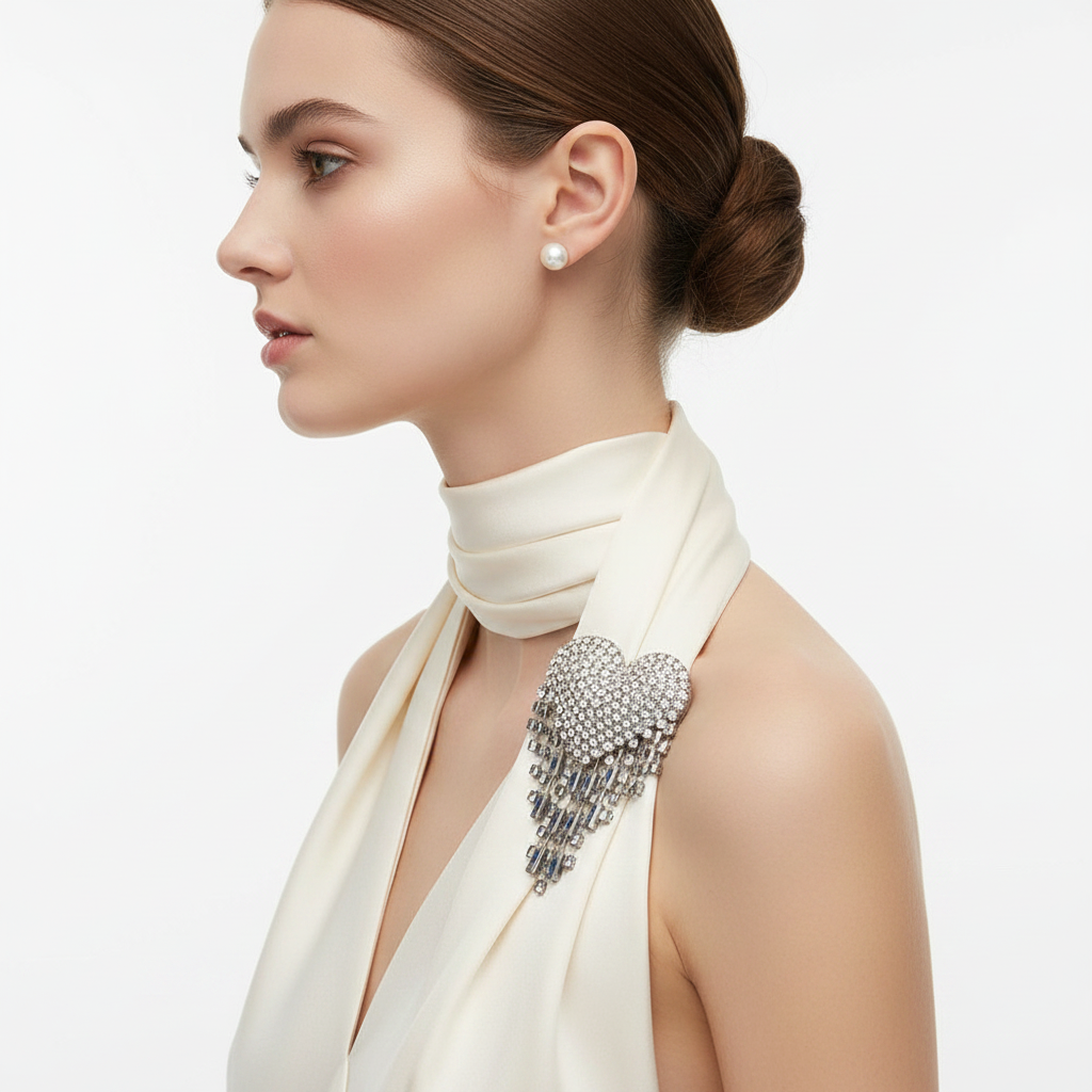 Silver Heart Brooch on Ivory Scarf