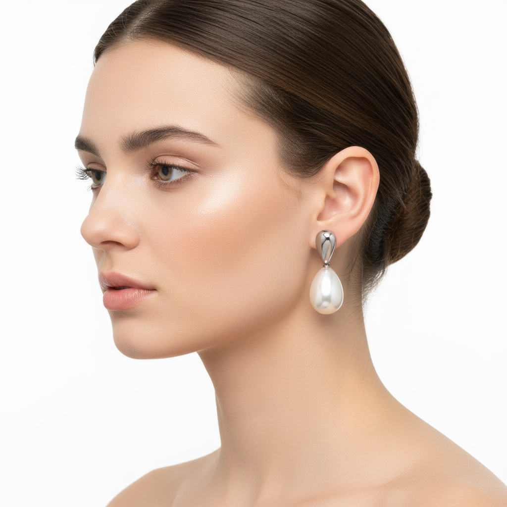 Silver Pearl Drop Earrings – Side