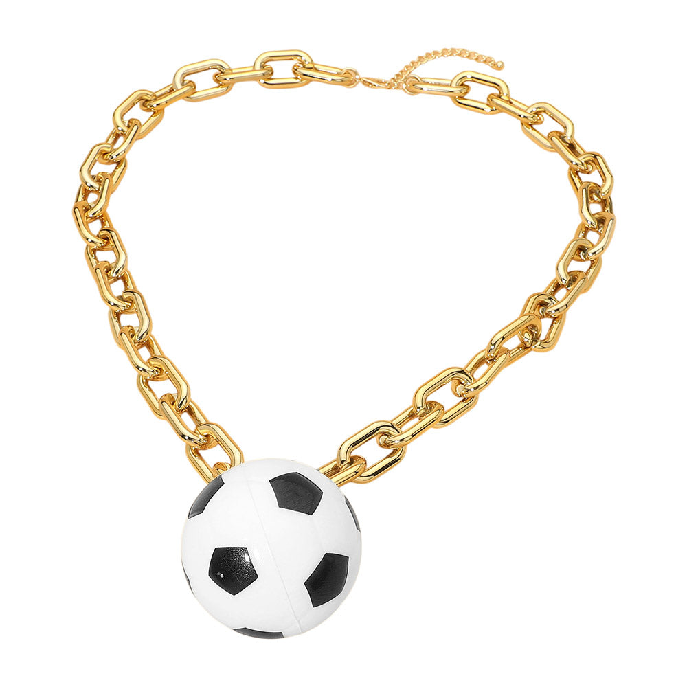 Squishy Soccer Ball Pendant Chunky Chain Long Statement Necklace Sport Fan Jewelry Gold Tone Trendy Game Day Accessory