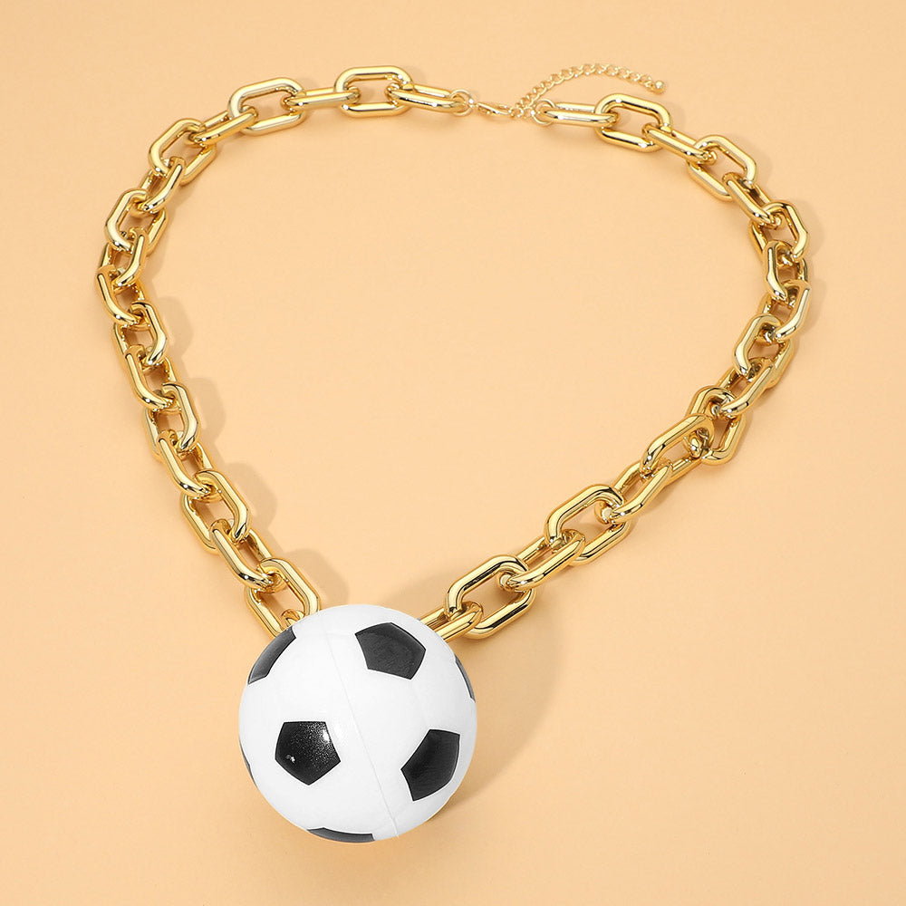 Squishy Soccer Ball Pendant Chunky Chain Long Statement Necklace Sport Fan Jewelry Gold Tone Trendy Game Day Accessory
