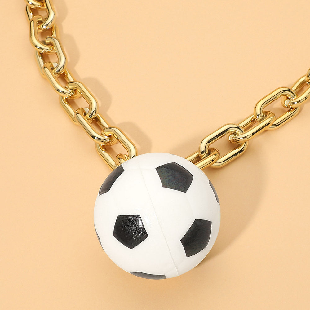Squishy Soccer Ball Pendant Chunky Chain Long Statement Necklace Sport Fan Jewelry Gold Tone Trendy Game Day Accessory