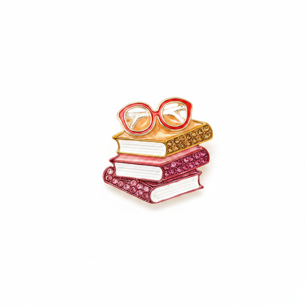 Stacked Books with Red Glasses Pin - White Background