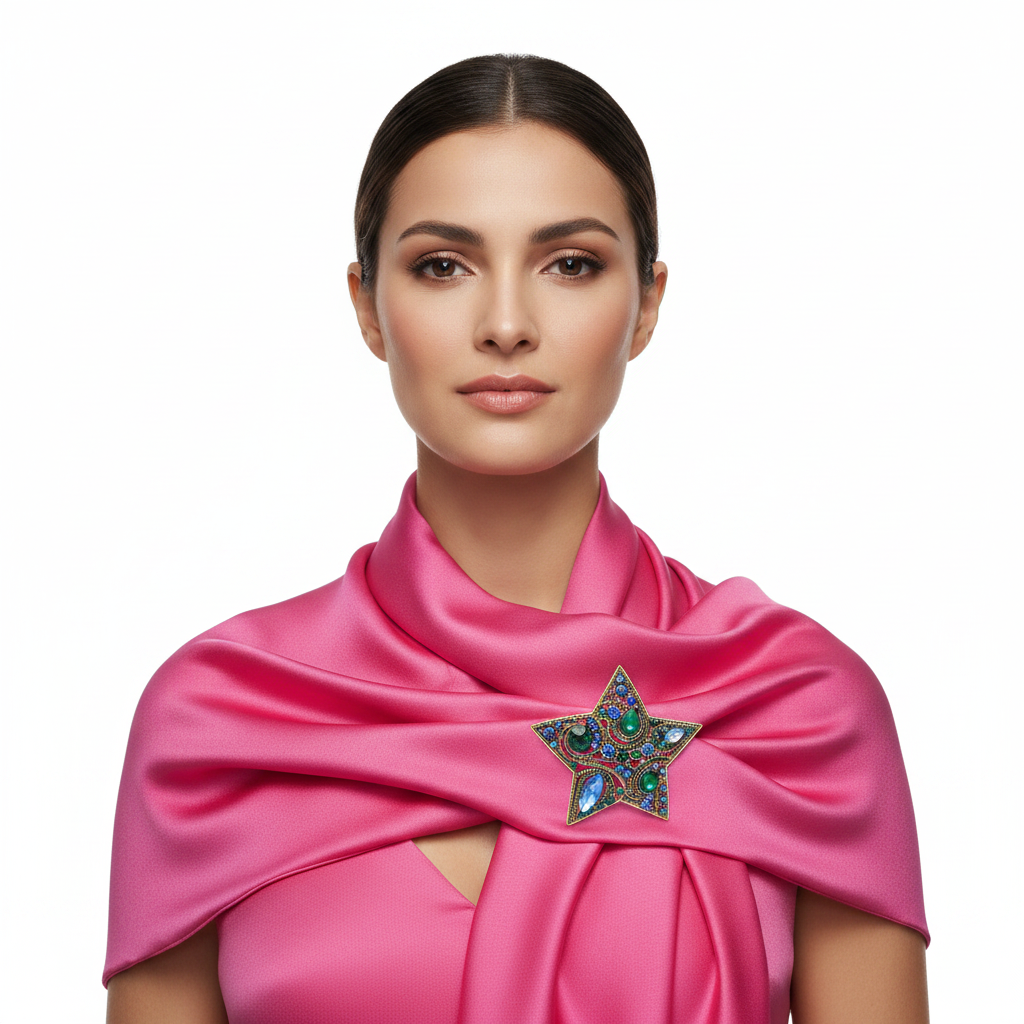 Star Brooch on Pink Scarf