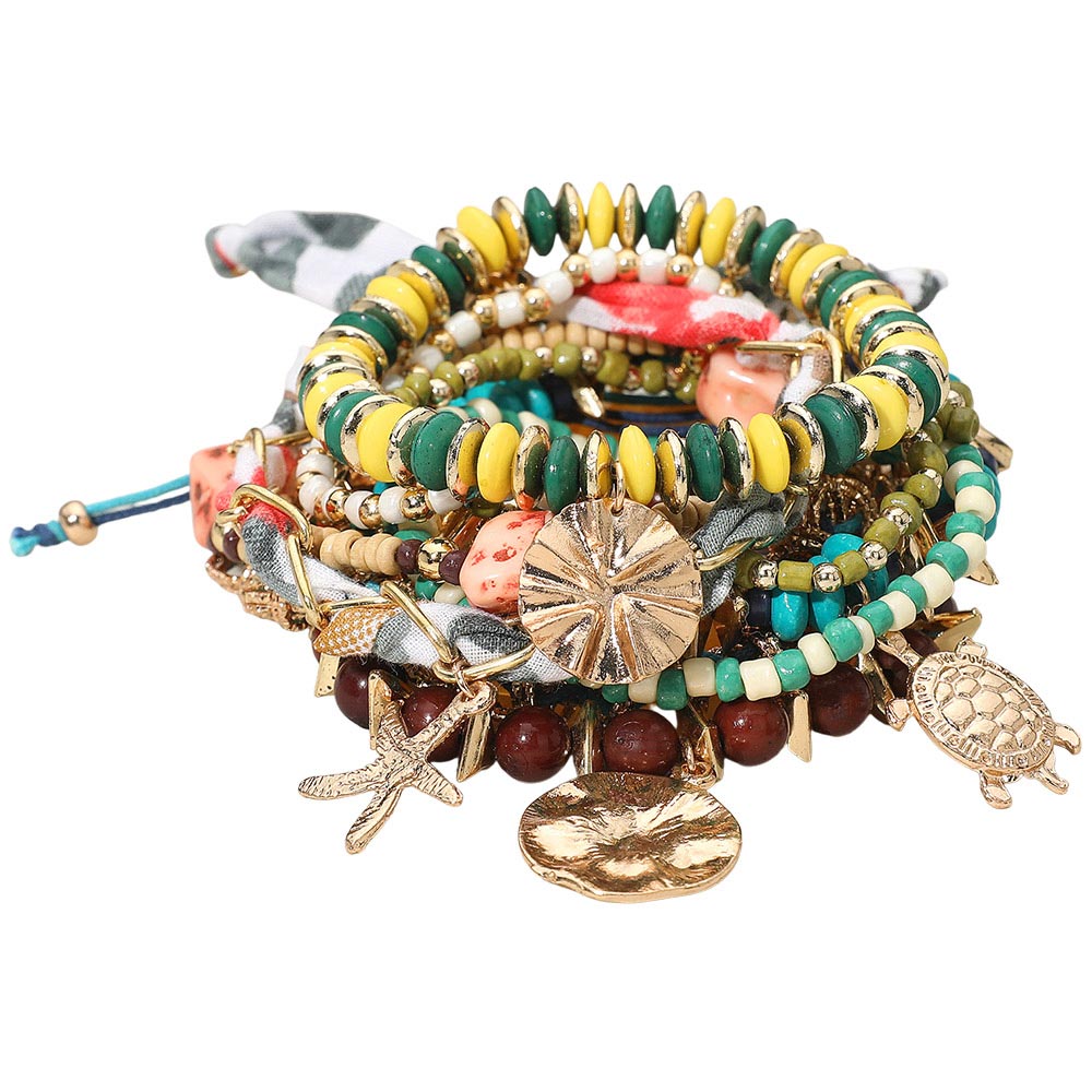10pcs Boho Coastal Charm Beaded Stretch Layered Bracelet Set.