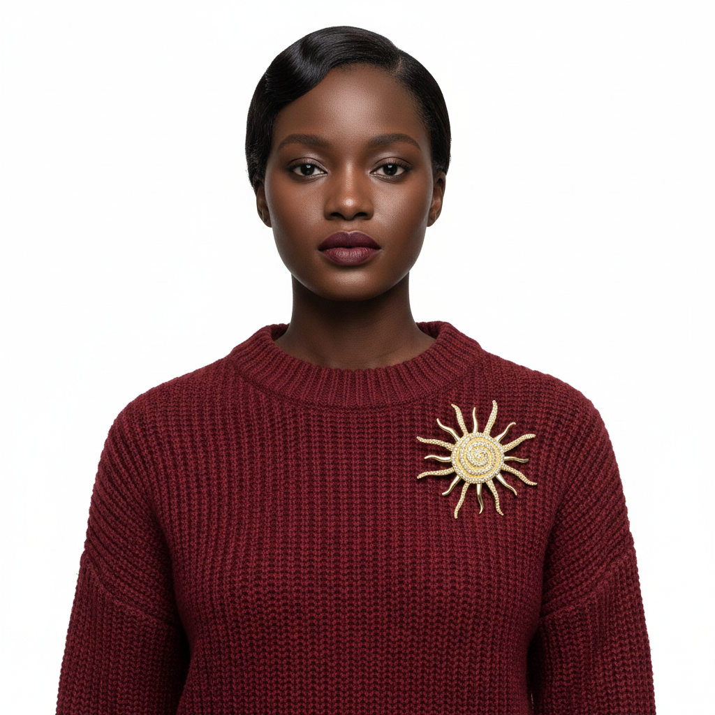Sun Brooch on Red Sweater