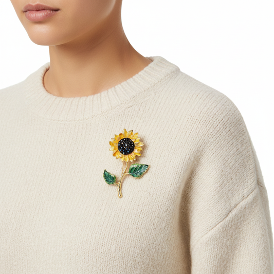 Sunflower Brooch on Cream Sweater