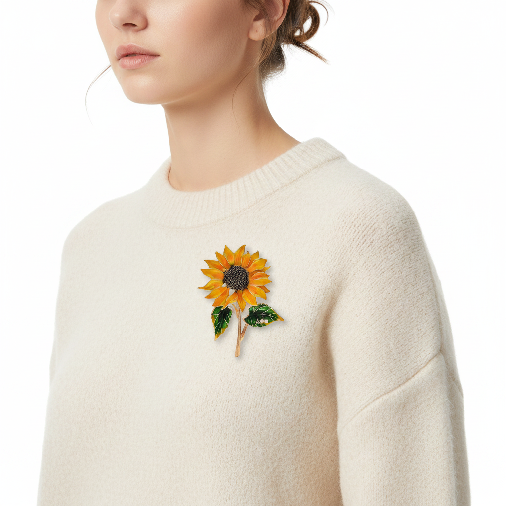 Sunflower brooch on cream sweater