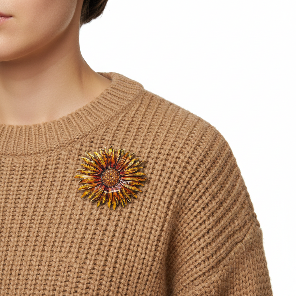 Sunflower Brooch on Knit Sweater