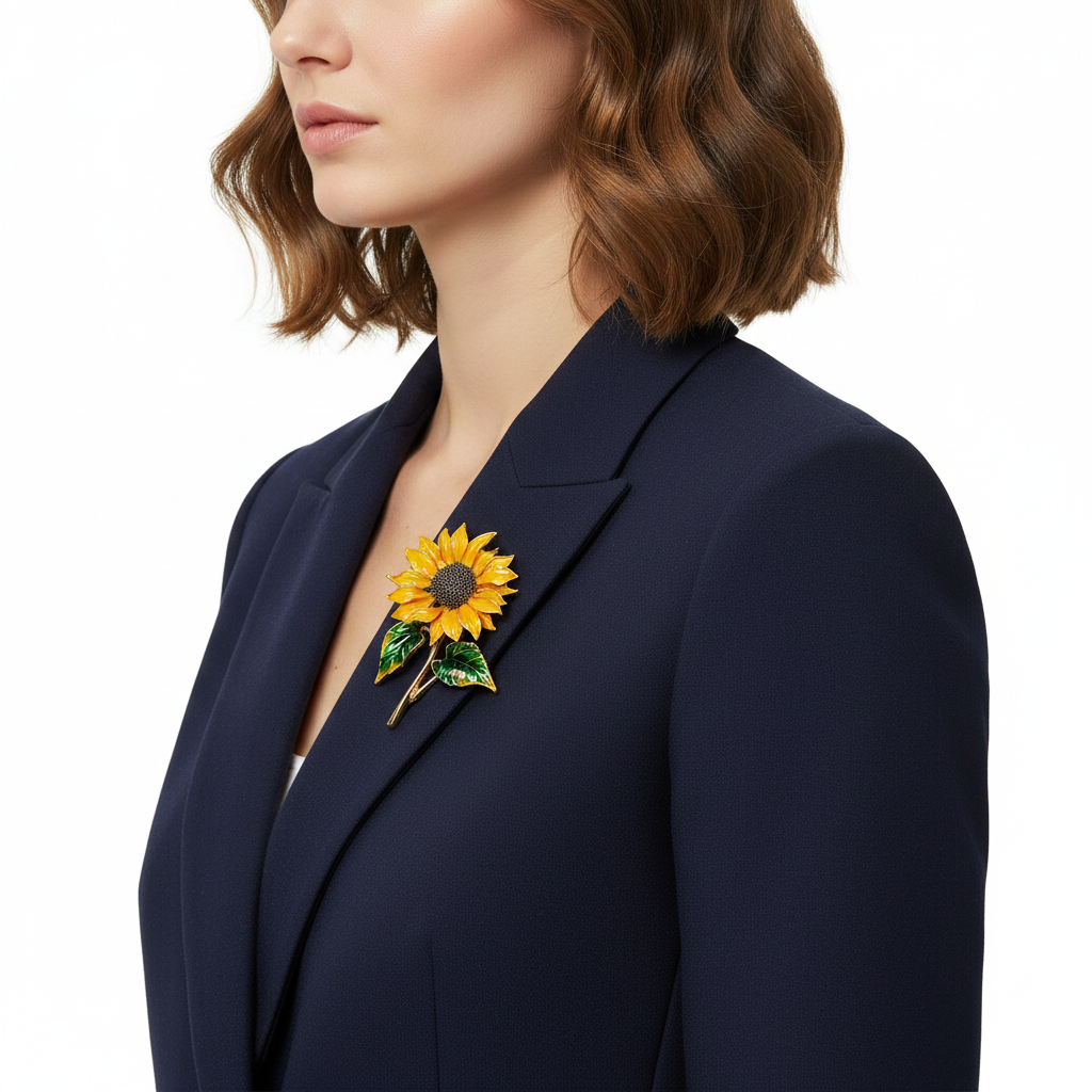 Sunflower brooch on navy blazer side view
