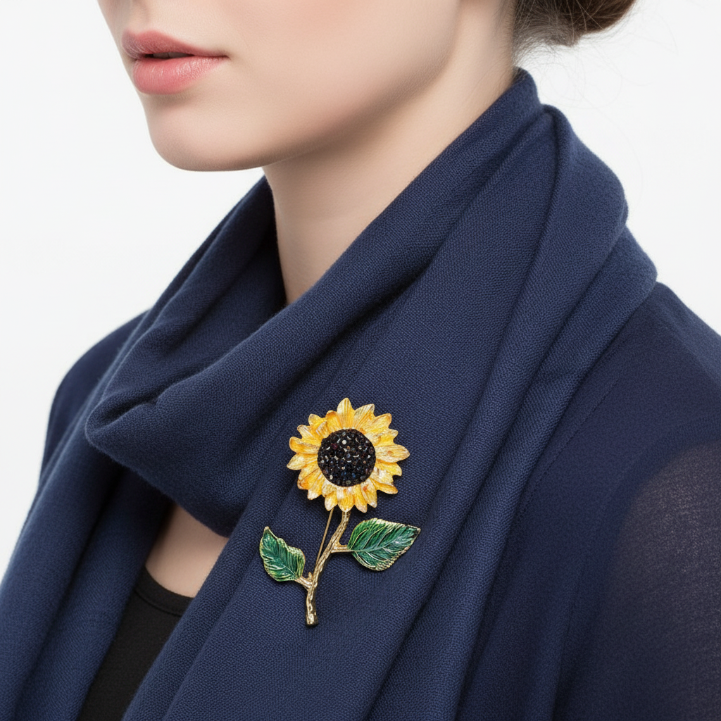 Sunflower Brooch on Navy Scarf