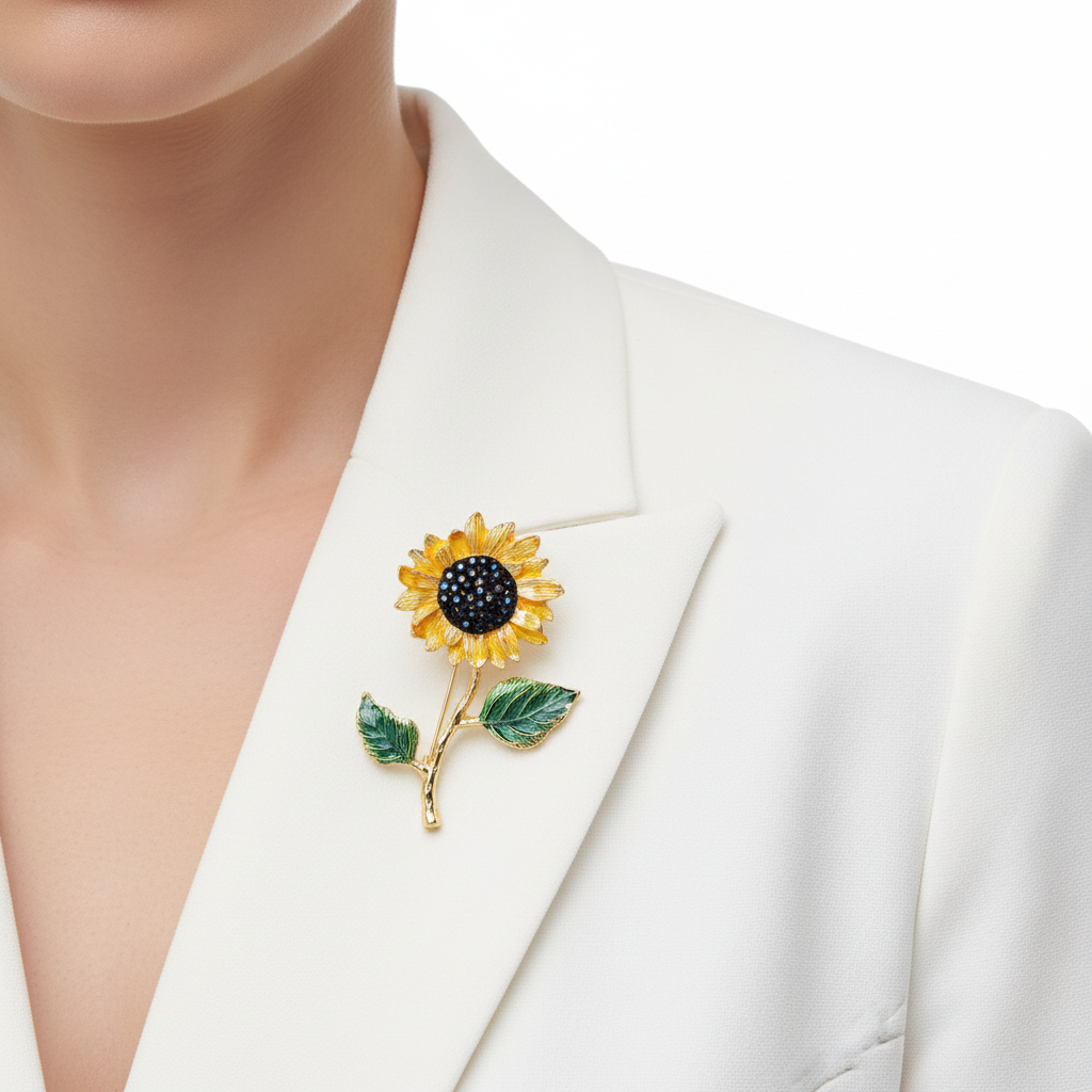 Sunflower Brooch on White Blazer