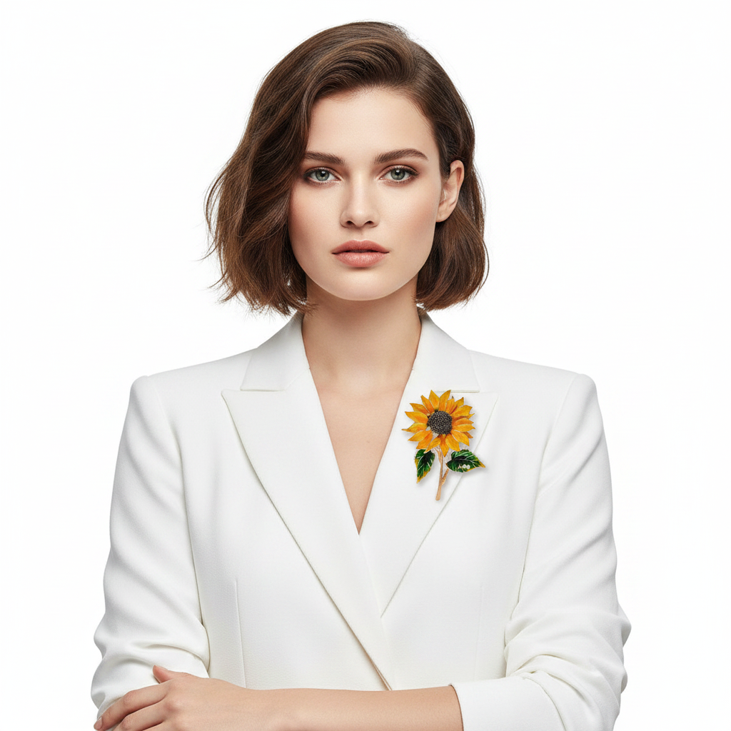 Sunflower brooch on white blazer