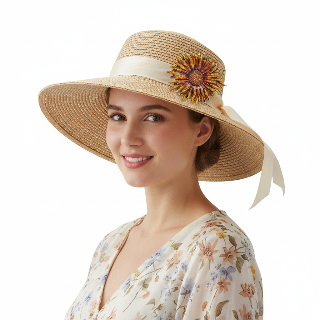 Sunflower Brooch on Wide-Brim Hat