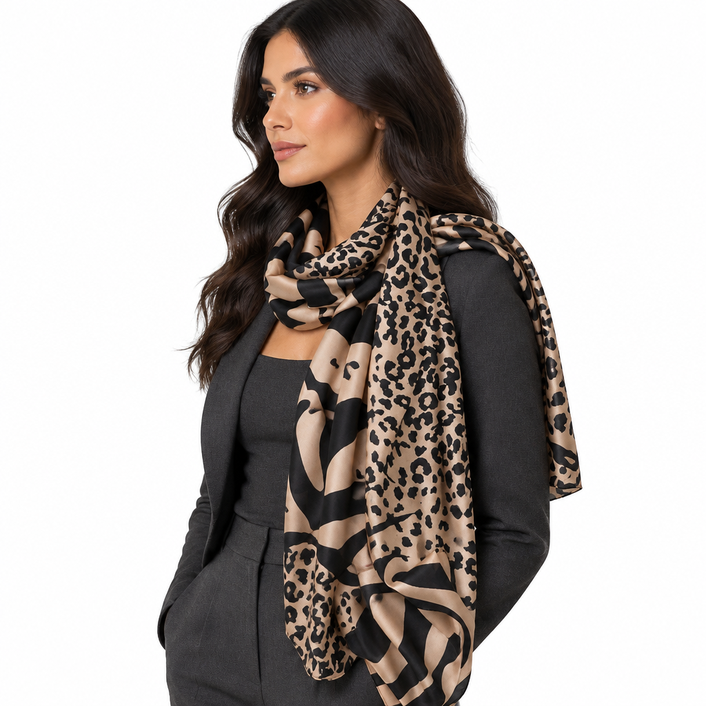 Tan-and-black animal print scarf lifestyle view