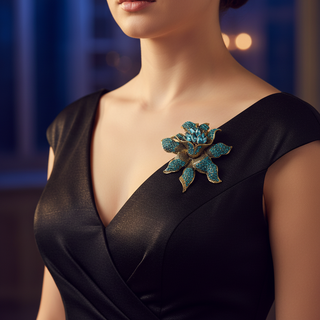 Teal Brooch on Black Evening Gown