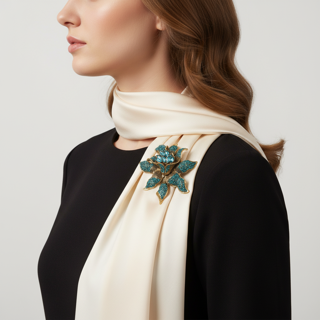 Teal Brooch on Ivory Scarf