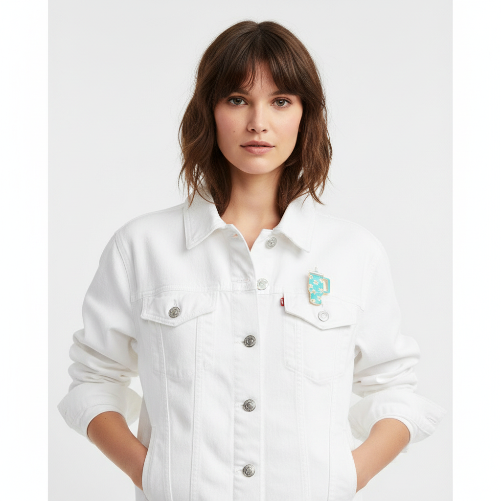 Teal Daisy Brooch on White Denim Jacket