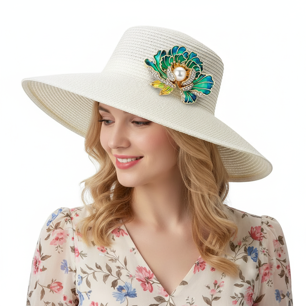 Teal Peony Brooch on Wide-Brim Hat