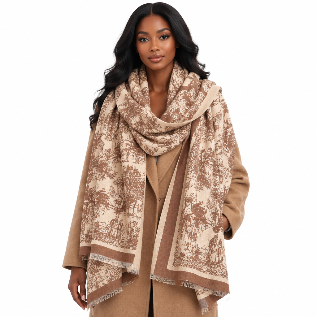 Toile de Jouy blanket scarf, front view