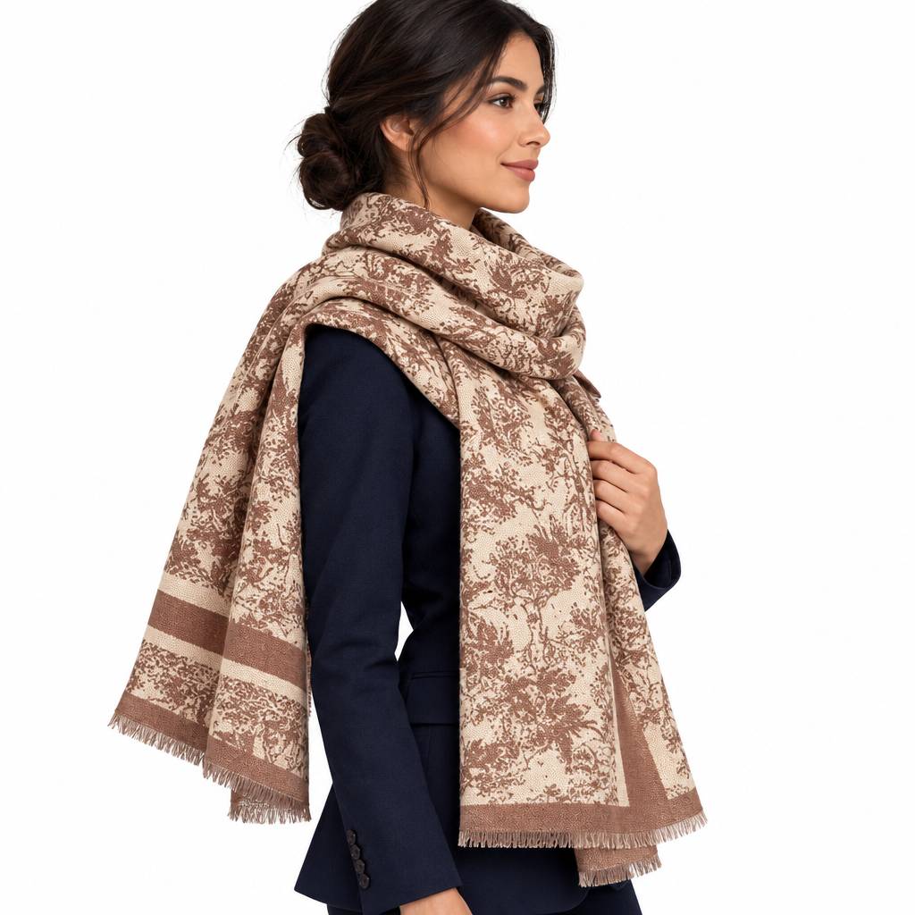 Toile de Jouy blanket scarf, side view