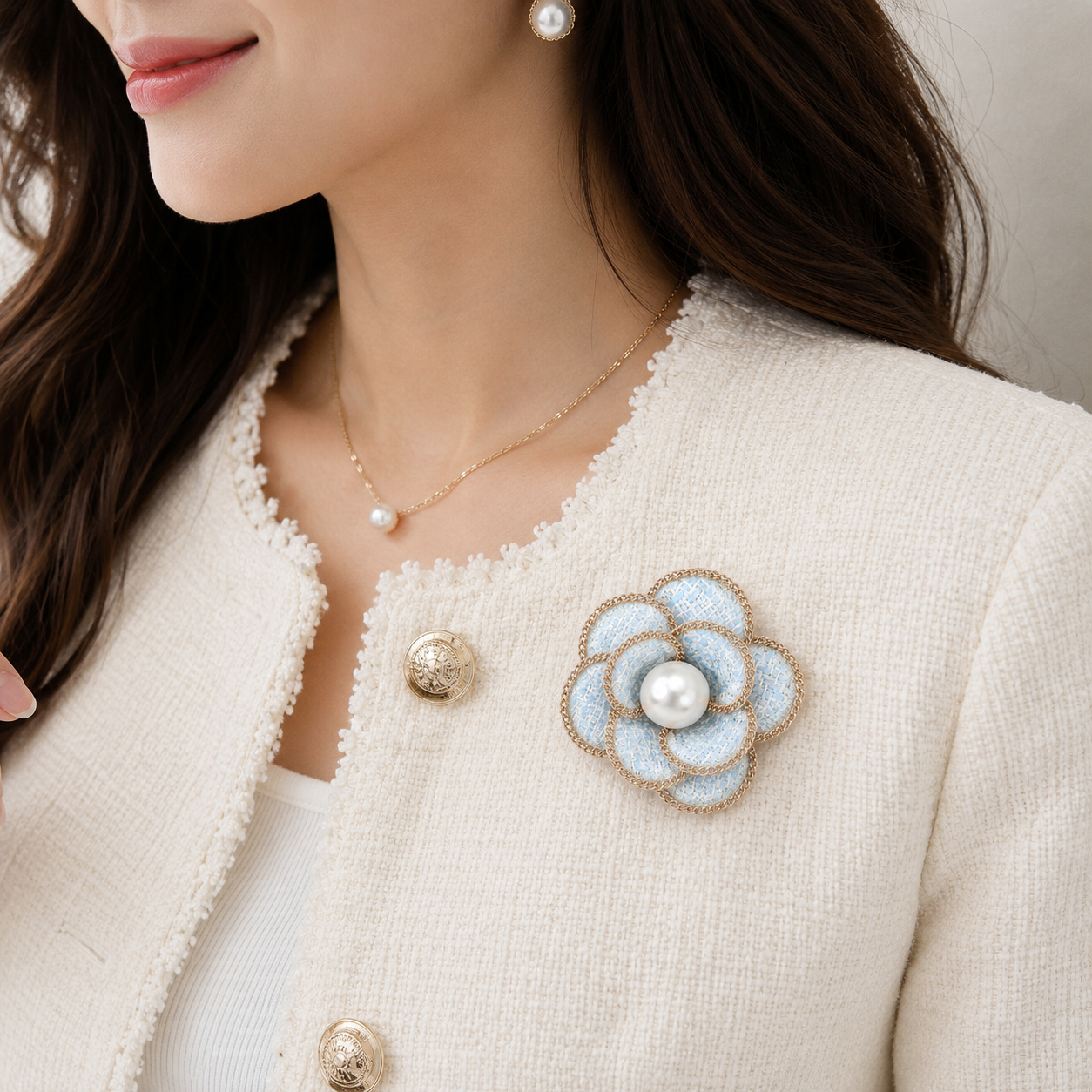 2pcs Pearl Accent Chain Rim Tweed Floral Brooch Hair Clips