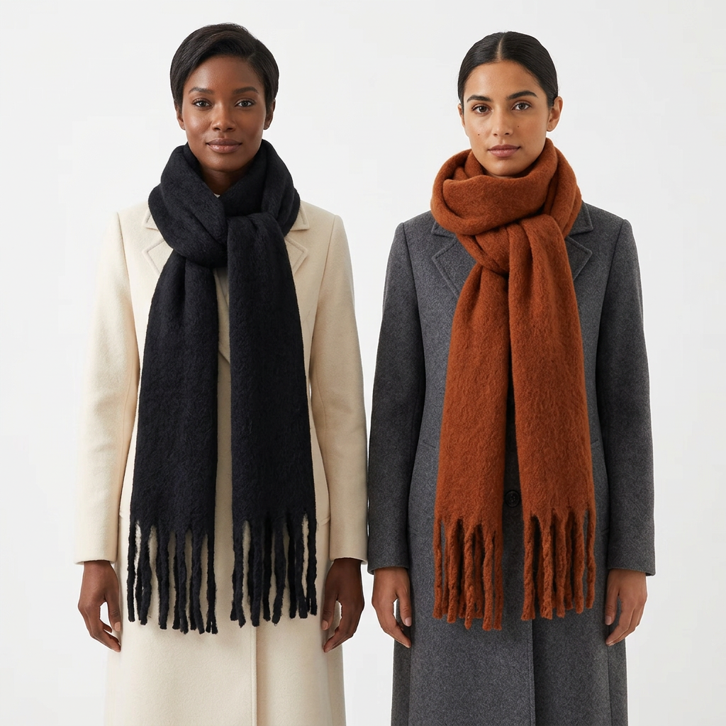 Two-model black and burnt orange scarf set lifestyle photo