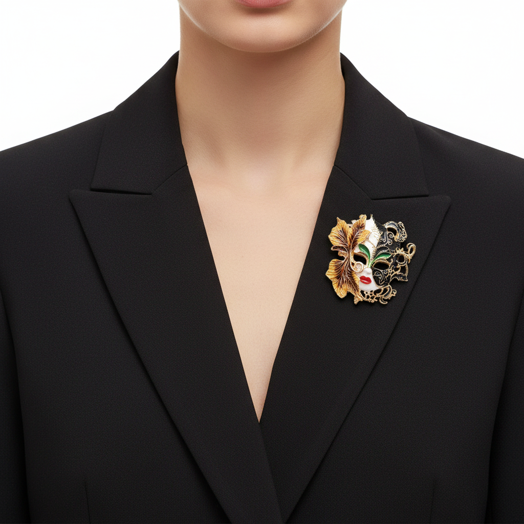 Venetian Masquerade Mask Brooch – Front on Blazer