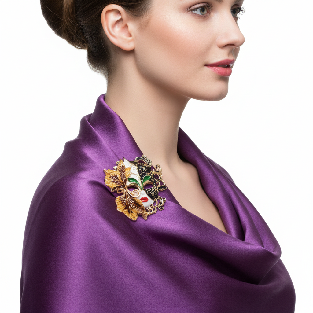 Venetian Masquerade Mask Brooch – Side on Scarf