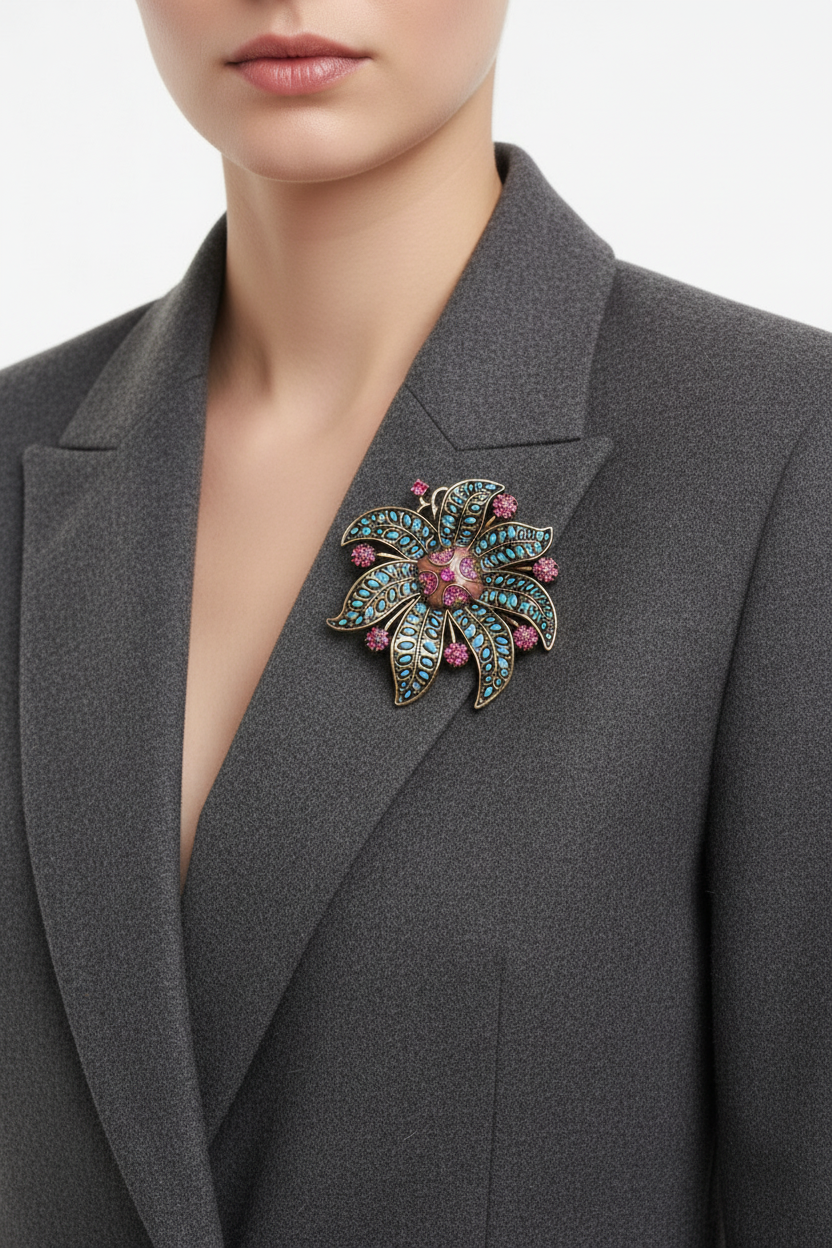 Vintage Gold Flower Brooch – Woman on White Background
