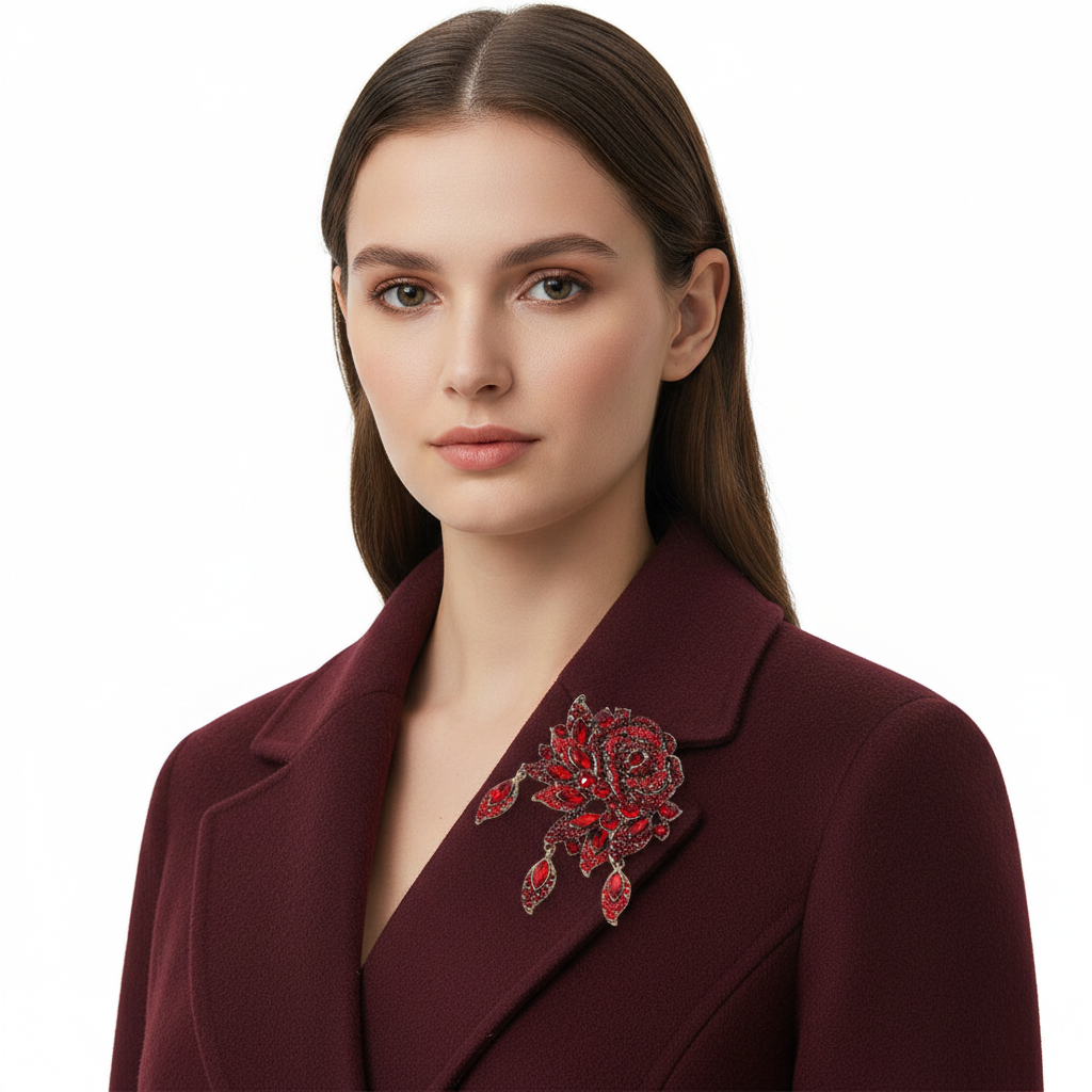 Vintage Red Crystal Rose Brooch — Front on Coat Lapel
