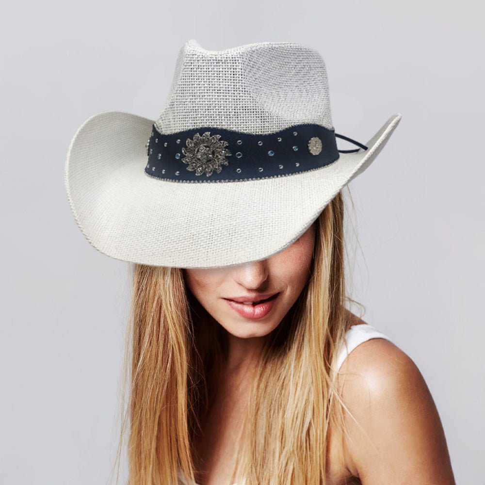 Vintage Western Flower Pointed Leather Straw Cowboy Hat - Hautefull