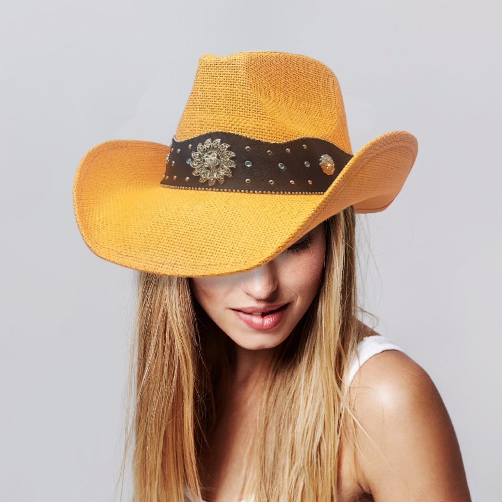 Vintage Western Flower Pointed Leather Straw Cowboy Hat - Hautefull