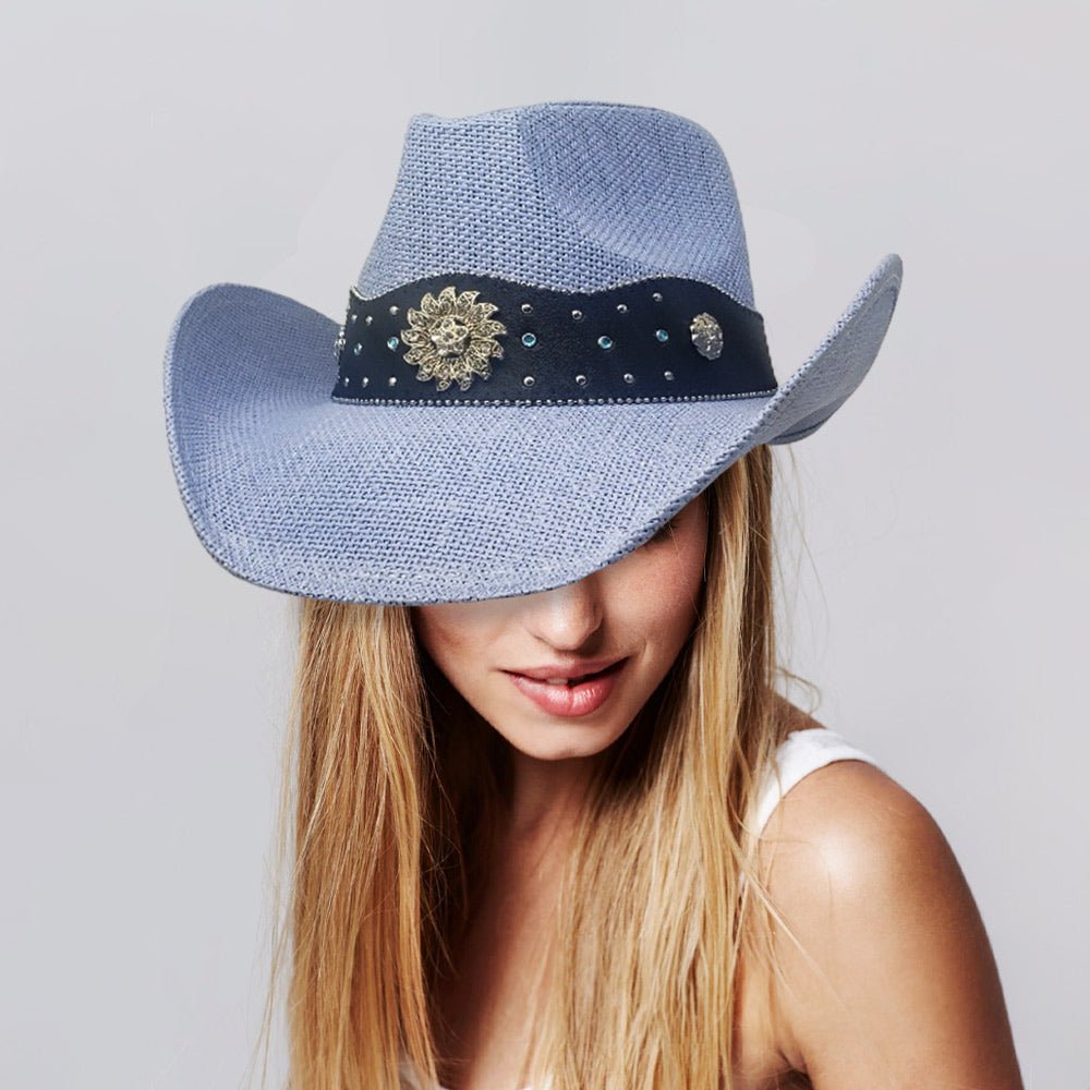 Vintage Western Flower Pointed Leather Straw Cowboy Hat - Hautefull