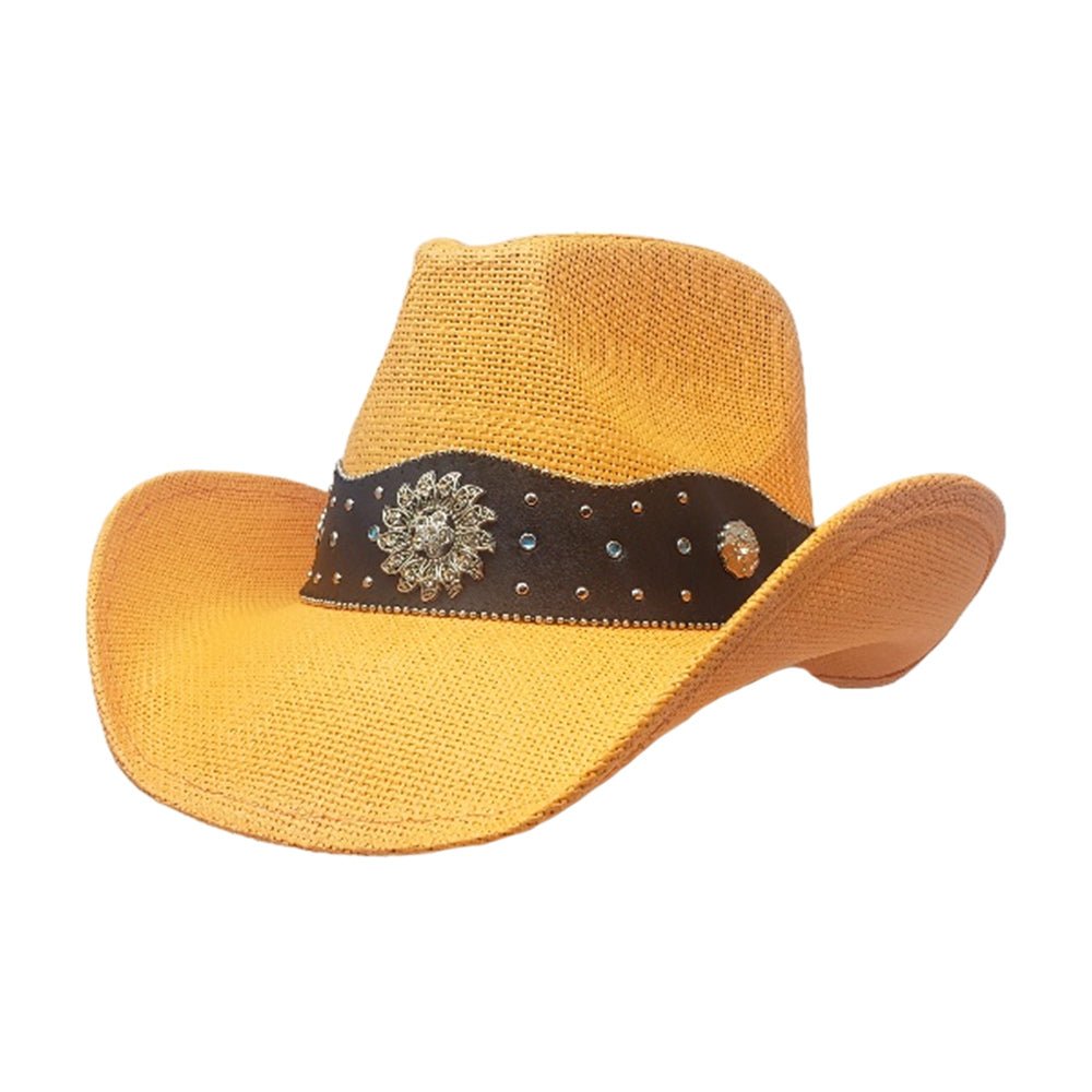 Vintage Western Flower Pointed Leather Straw Cowboy Hat - Hautefull