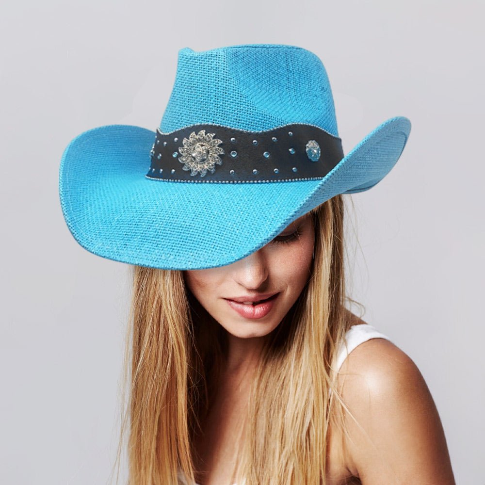 Vintage Western Flower Pointed Leather Straw Cowboy Hat - Hautefull