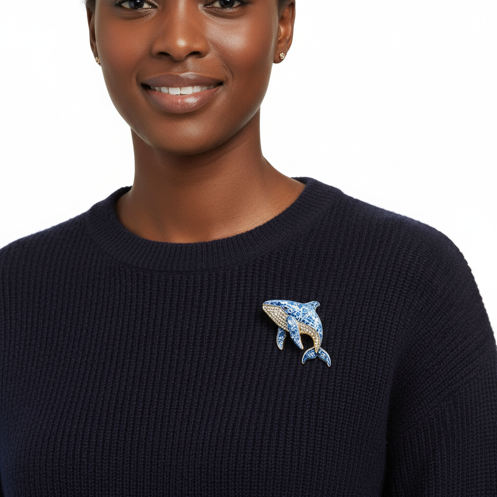 Whale brooch on navy sweater