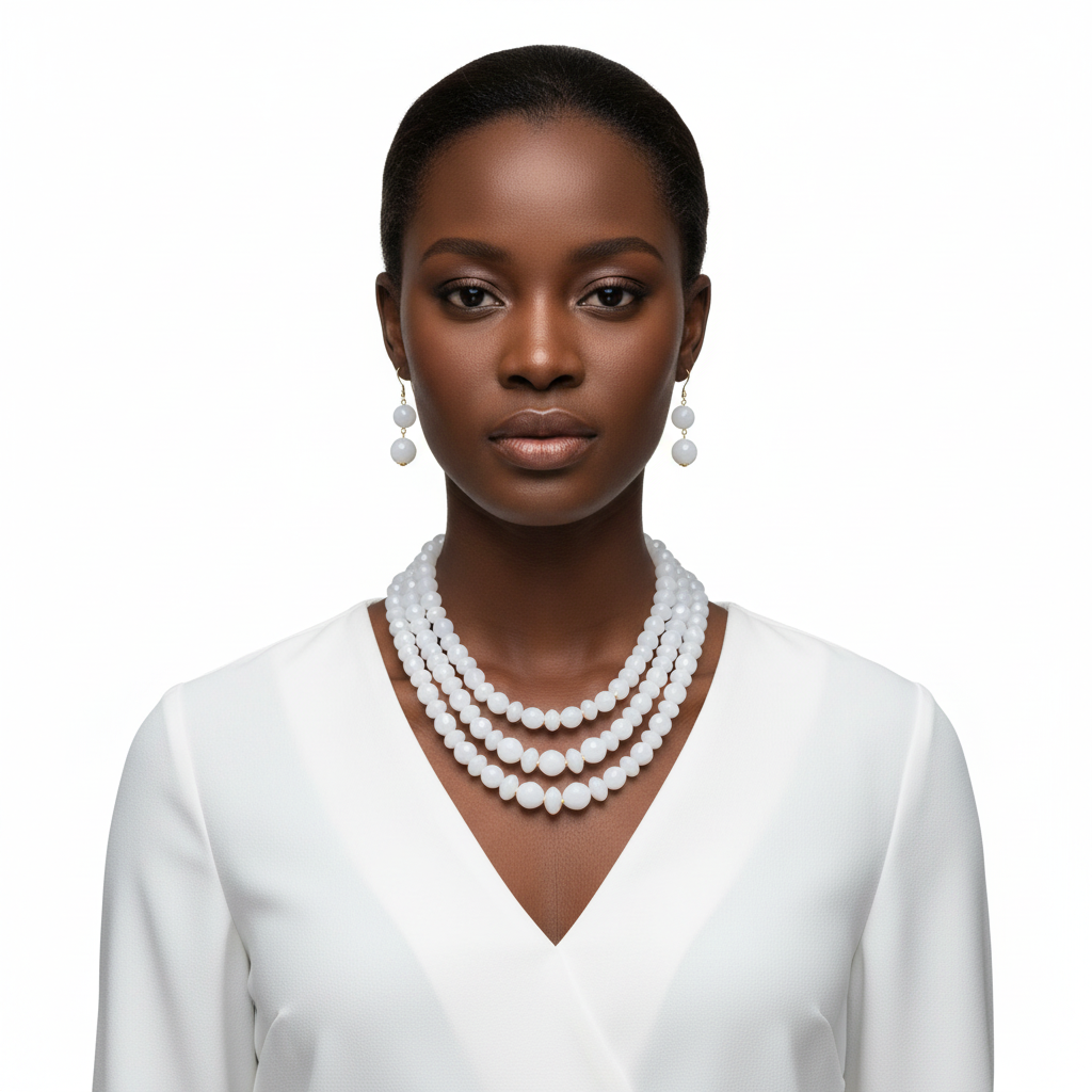 White Beaded Necklace Set Front