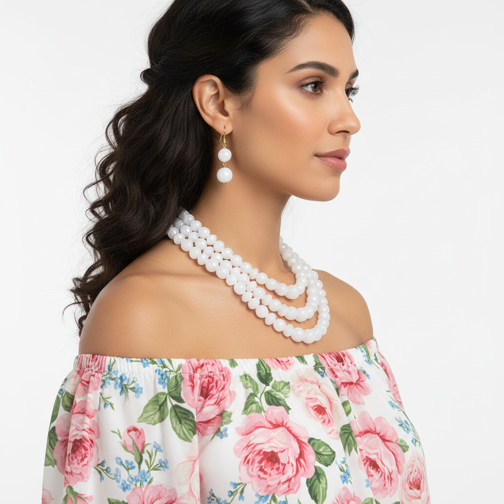 White Beaded Necklace Set Side