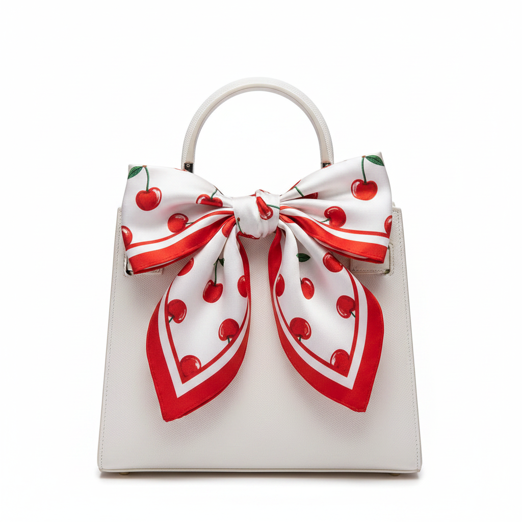 White cherry scarf on bag, front