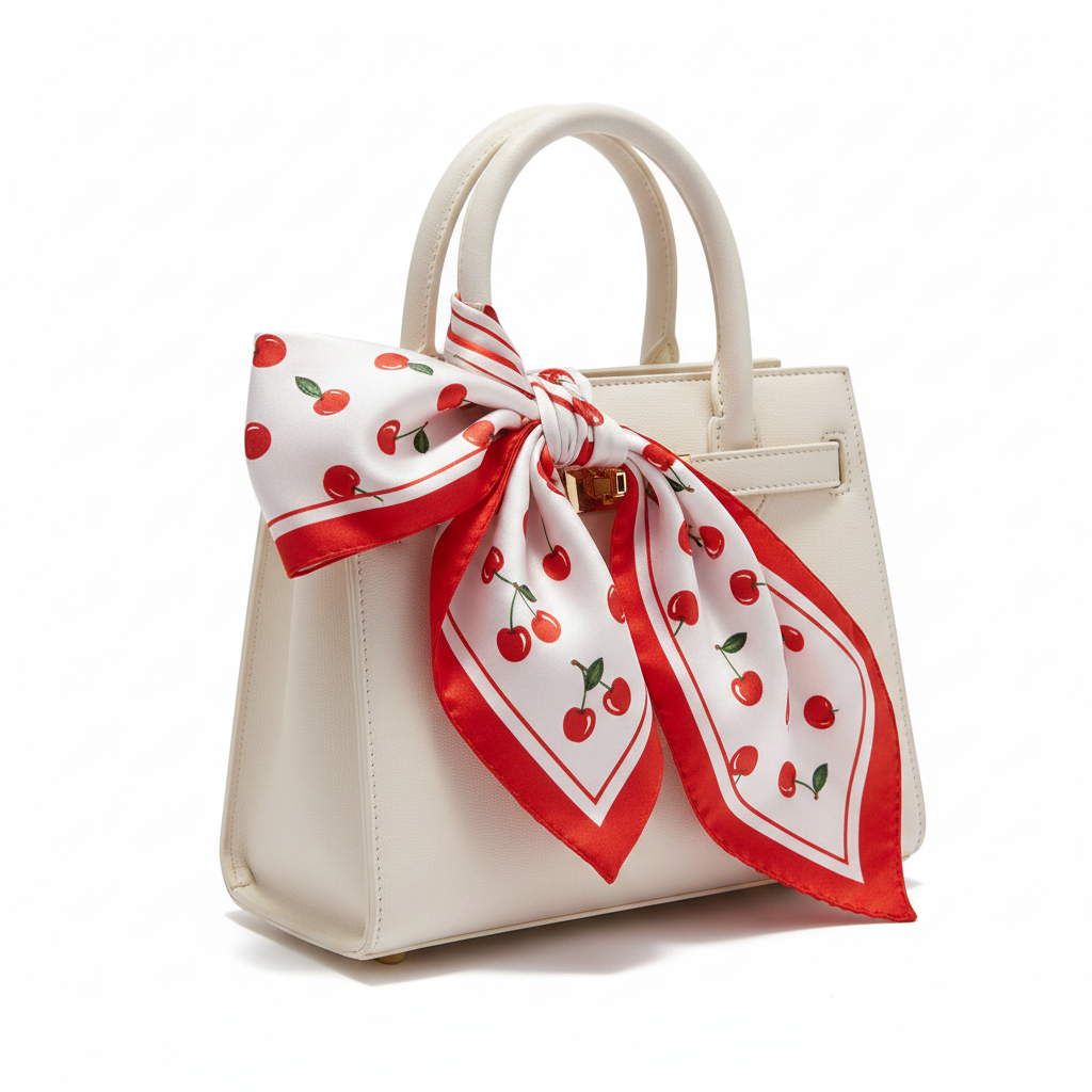 White cherry scarf on bag, side