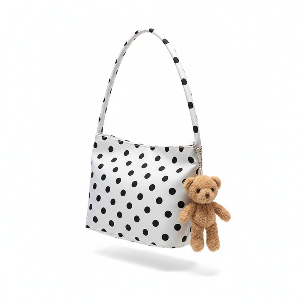 White polka dot bag - white background
