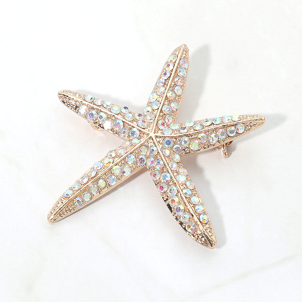 2pcs Rhinestone Starfish Pin Brooch Set (Blue & Gold)