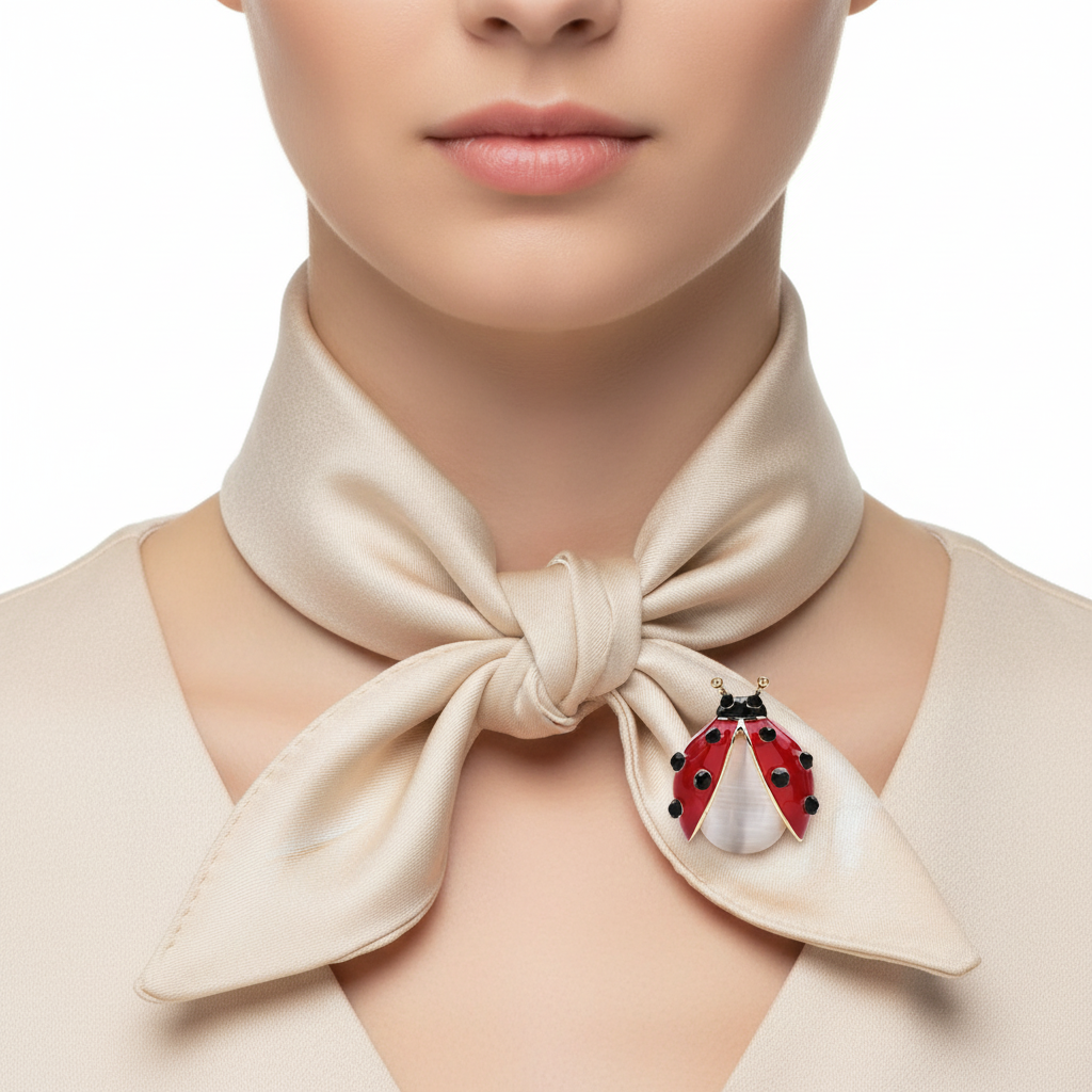 Woman wearing red ladybug brooch on silk scarf